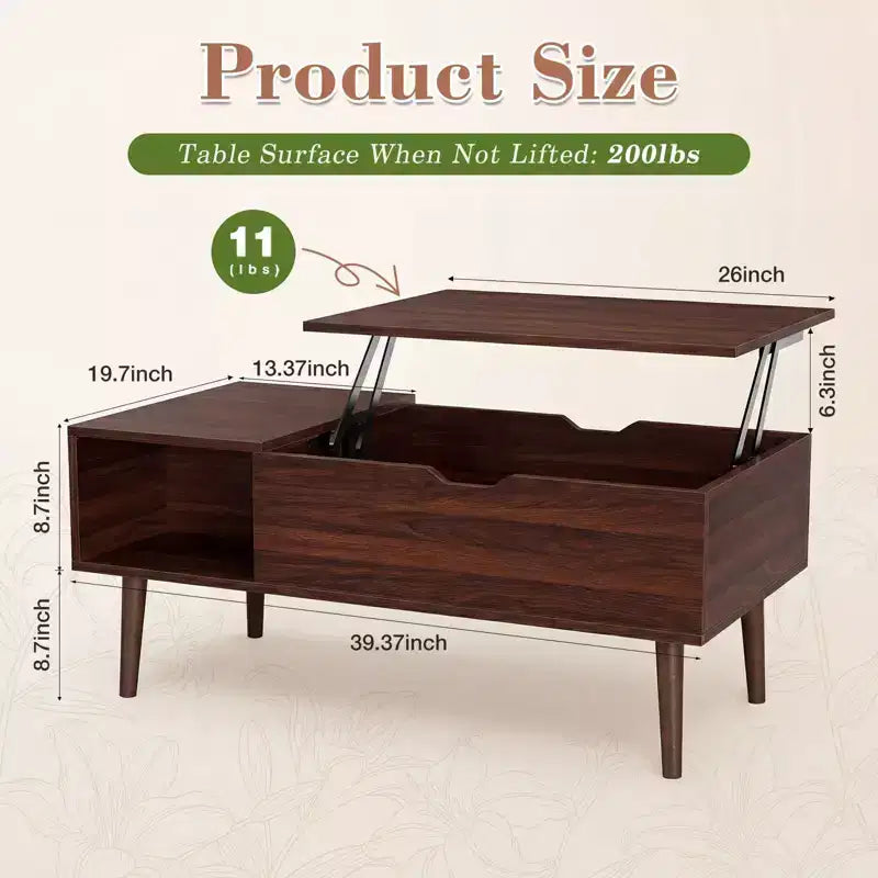 Table basse relevable avec rangement intégré, plateau en MDF et pieds en métal, Noir, 99,99 cm L