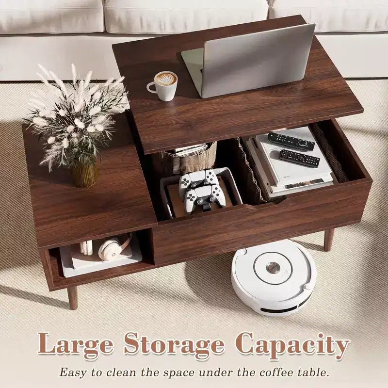 Table basse relevable avec rangement intégré, plateau en MDF et pieds en métal, Noir, 99,99 cm L