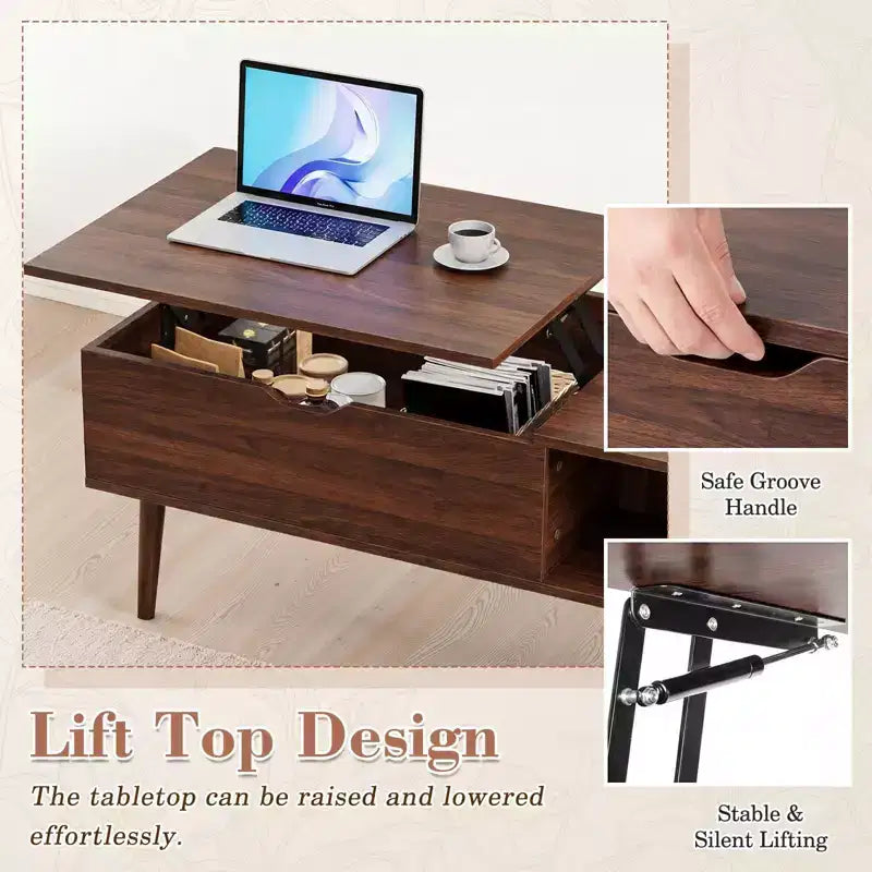 Table basse relevable avec rangement intégré, plateau en MDF et pieds en métal, Noir, 99,99 cm L