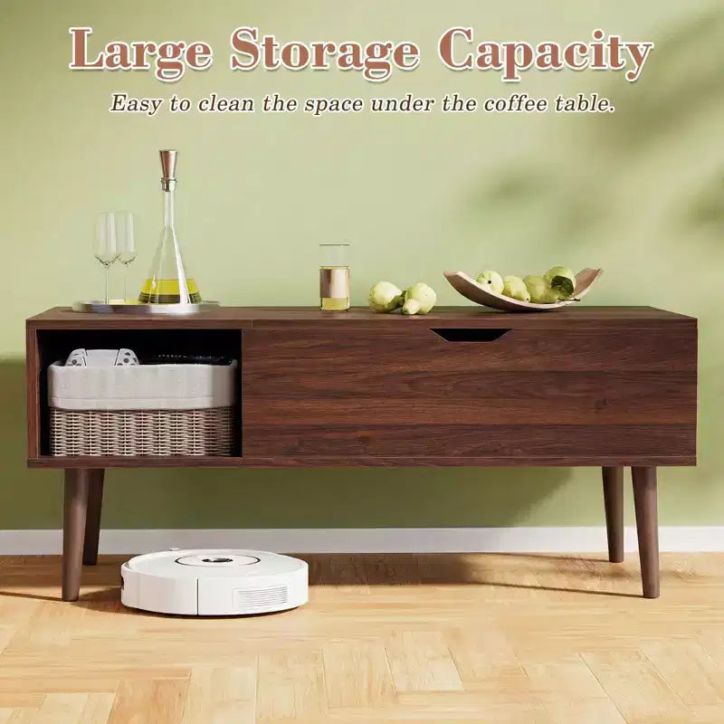 Table basse relevable avec rangement intégré, plateau en MDF et pieds en métal, Noir, 99,99 cm L