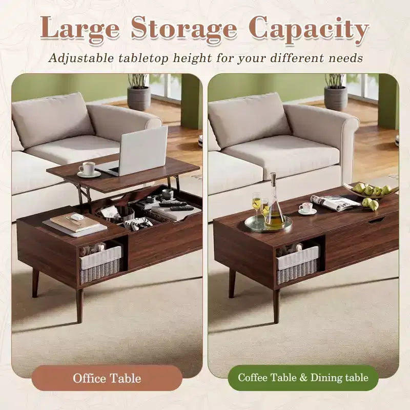 Table basse relevable avec rangement intégré, plateau en MDF et pieds en métal, Noir, 99,99 cm L