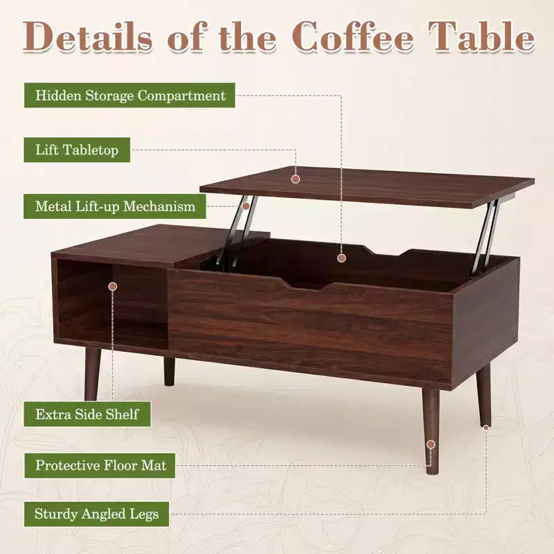 Table basse relevable avec rangement intégré, plateau en MDF et pieds en métal, Noir, 99,99 cm L