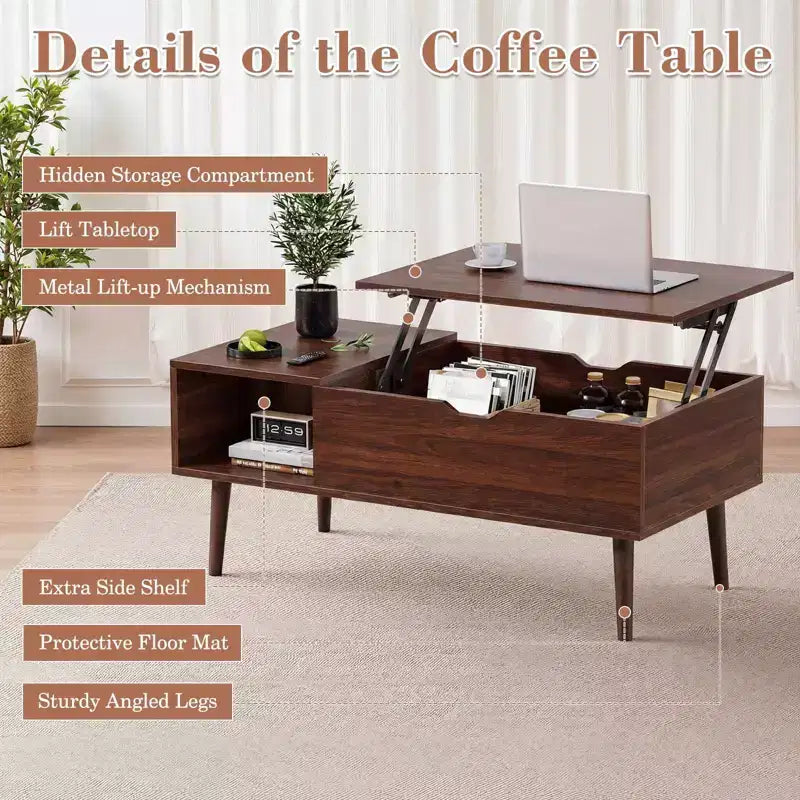 Table basse relevable avec rangement intégré, plateau en MDF et pieds en métal, Noir, 99,99 cm L