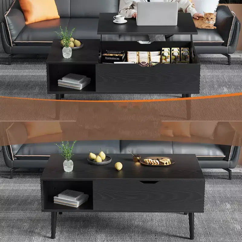 Table basse relevable avec rangement intégré, plateau en MDF et pieds en métal, Noir, 99,99 cm L
