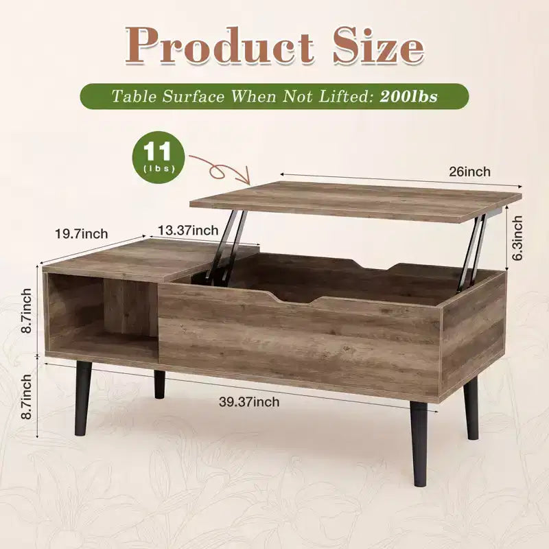 Table basse relevable avec rangement intégré, plateau en MDF et pieds en métal, Noir, 99,99 cm L