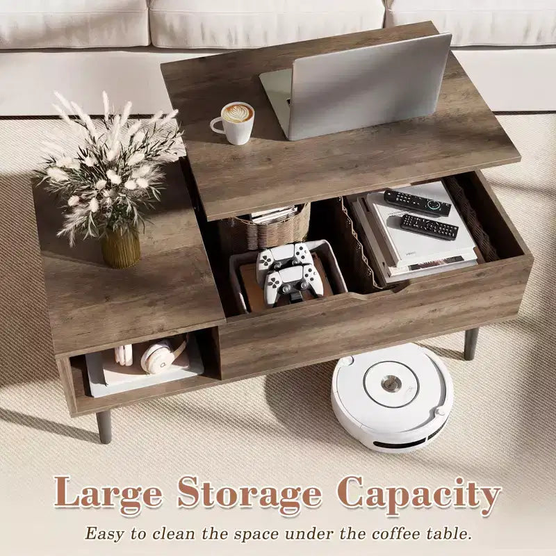 Table basse relevable avec rangement intégré, plateau en MDF et pieds en métal, Noir, 99,99 cm L