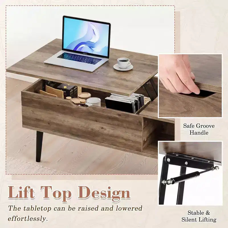 Table basse relevable avec rangement intégré, plateau en MDF et pieds en métal, Noir, 99,99 cm L