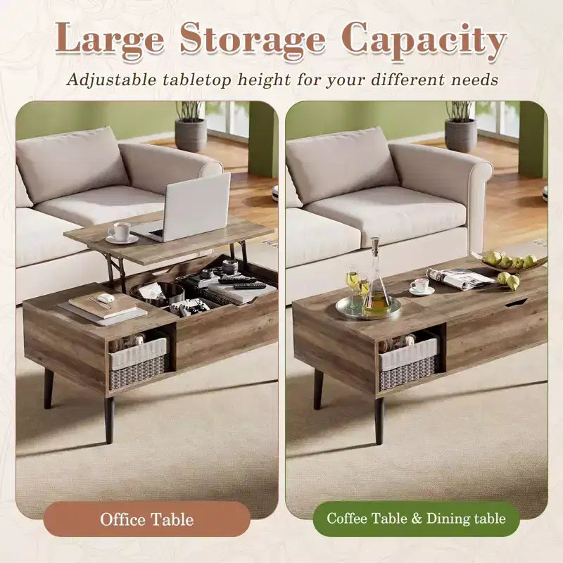Table basse relevable avec rangement intégré, plateau en MDF et pieds en métal, Noir, 99,99 cm L