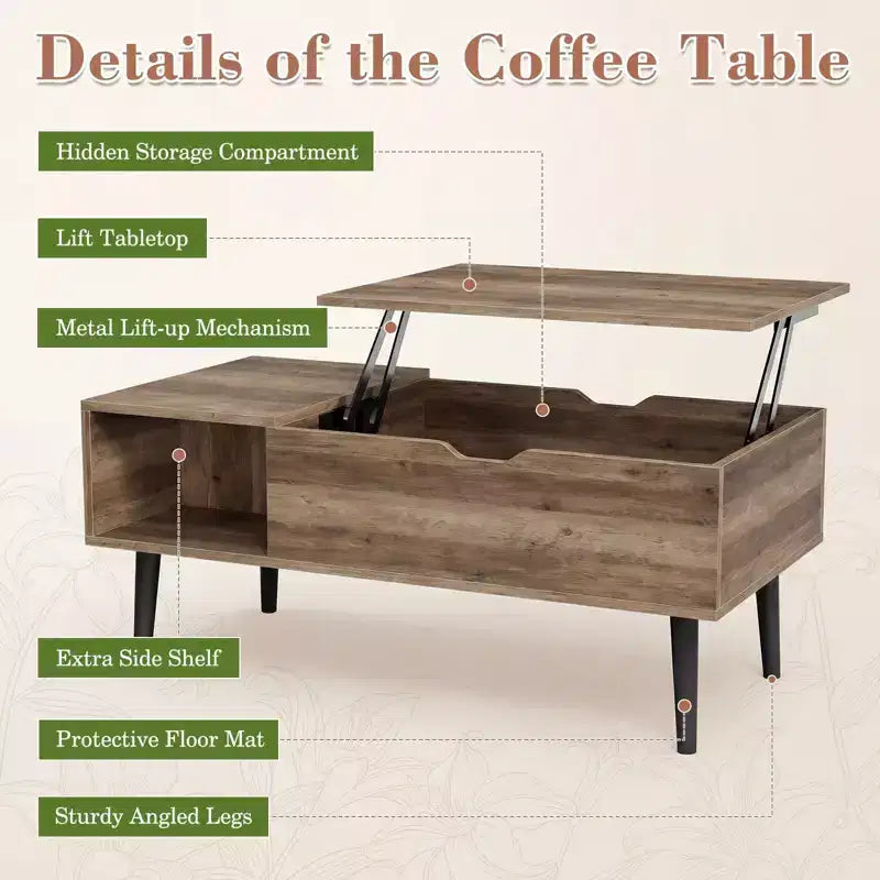Table basse relevable avec rangement intégré, plateau en MDF et pieds en métal, Noir, 99,99 cm L