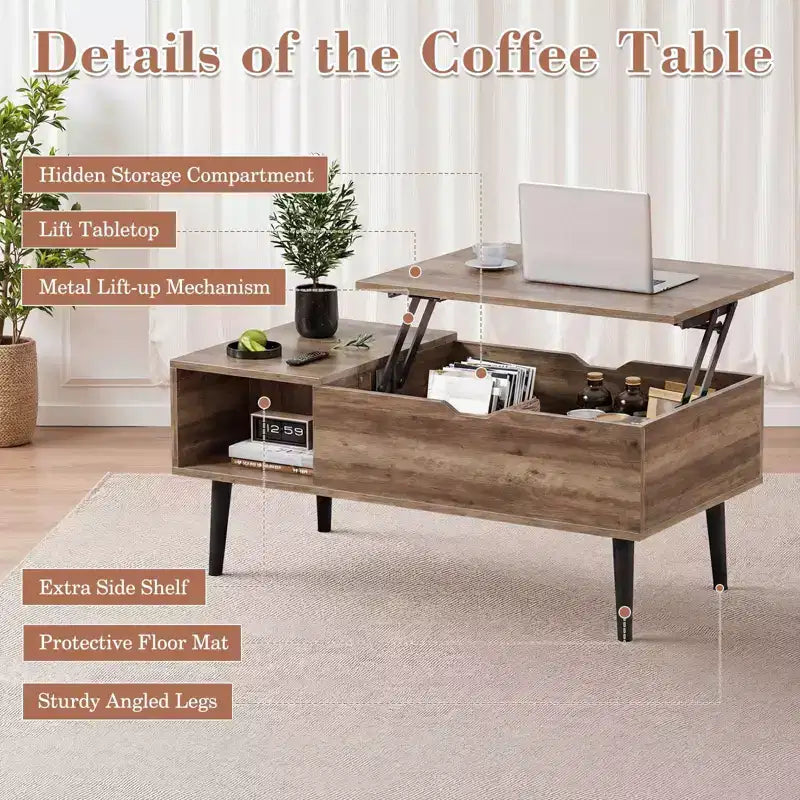 Table basse relevable avec rangement intégré, plateau en MDF et pieds en métal, Noir, 99,99 cm L