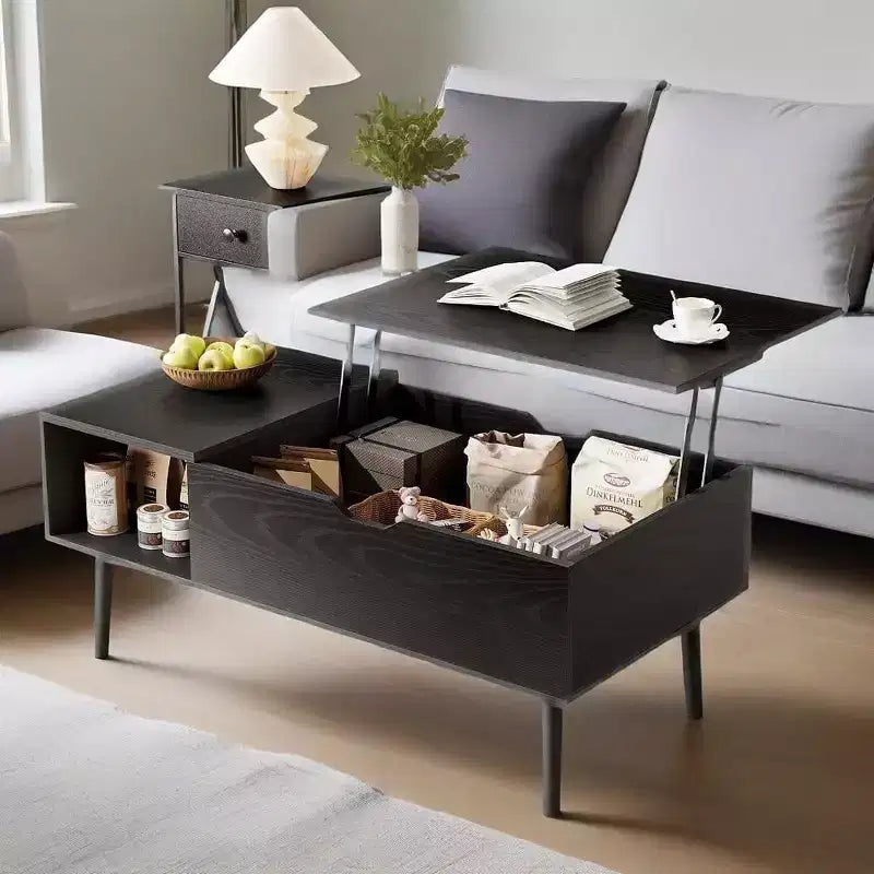 Lift-Top Coffee Table with Hidden Storage, MDF Top & Metal Legs, Black, 39.37" W