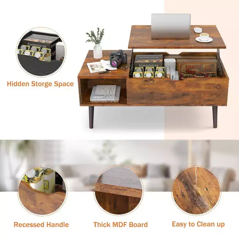 Table basse relevable avec rangement intégré, plateau en MDF et pieds en métal, Noir, 99,99 cm L