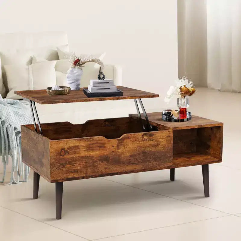 Table basse relevable avec rangement intégré, plateau en MDF et pieds en métal, Noir, 99,99 cm L