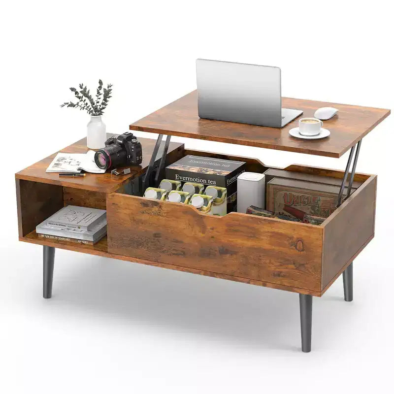 Lift-Top Coffee Table with Hidden Storage, MDF Top & Metal Legs, Black, 39.37" W