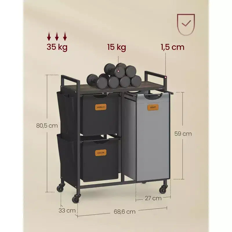 Panier à Linge Roulant à 3 Compartiments, 100 L avec Étagères et Poches Latérales
