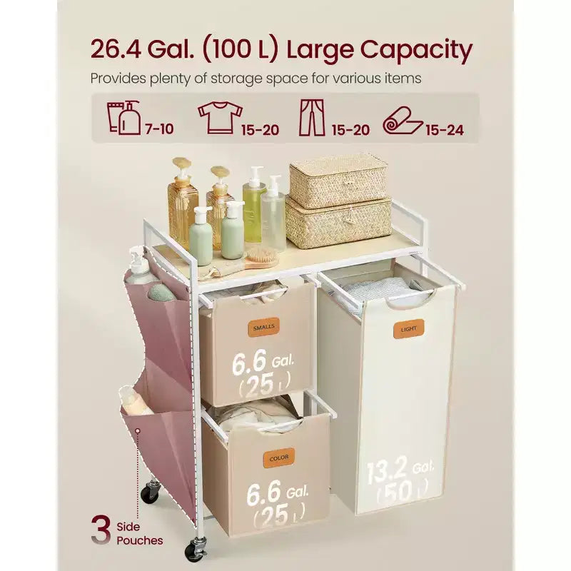 3-Compartment Rolling Laundry Hamper Sorter, 26.4 Gal with Shelves & Side Pockets