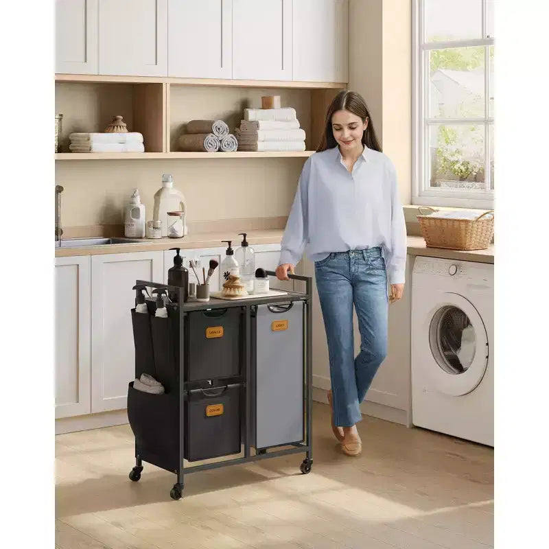 3-Compartment Rolling Laundry Hamper Sorter, 26.4 Gal with Shelves & Side Pockets