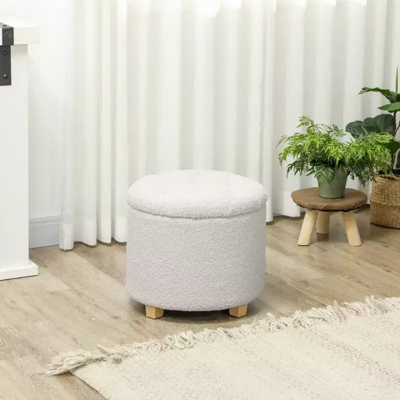 Ottoman de rangement rond de 45,7 cm, en polaire Teddy capitonnée avec couvercle amovible et pieds en bois, blanc