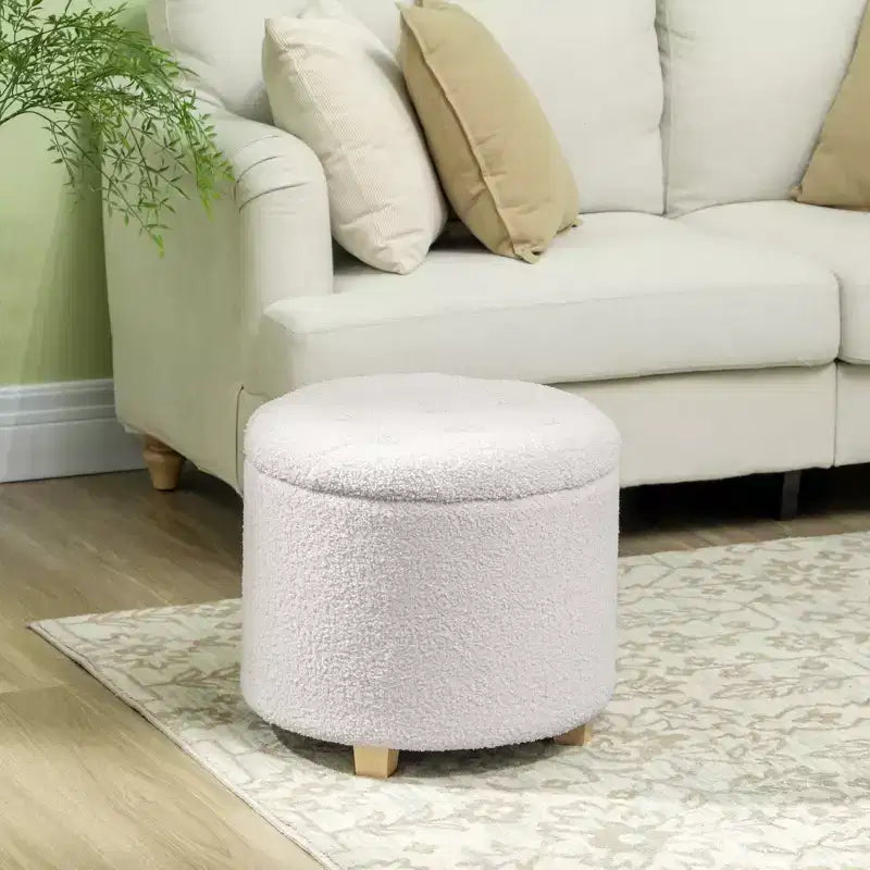 18" Round Storage Ottoman, Teddy Fleece Button Tufted with Removable Lid & Wood Legs, White