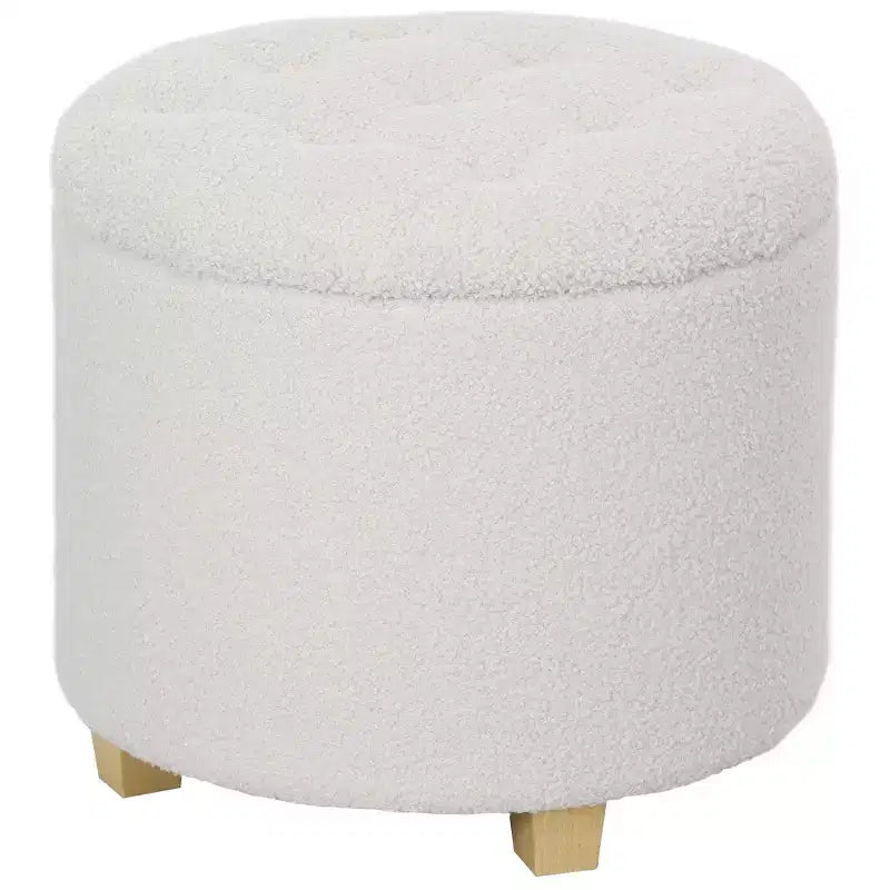 18" Round Storage Ottoman, Teddy Fleece Button Tufted with Removable Lid & Wood Legs, White