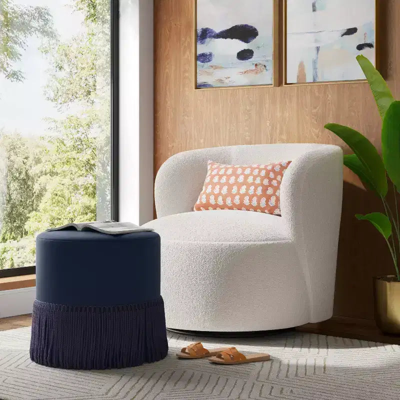 Pouf tambour à franges en velours