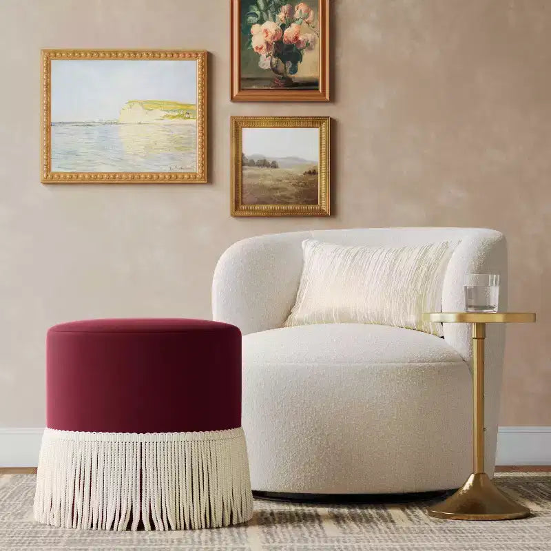 Pouf tambour à franges en velours