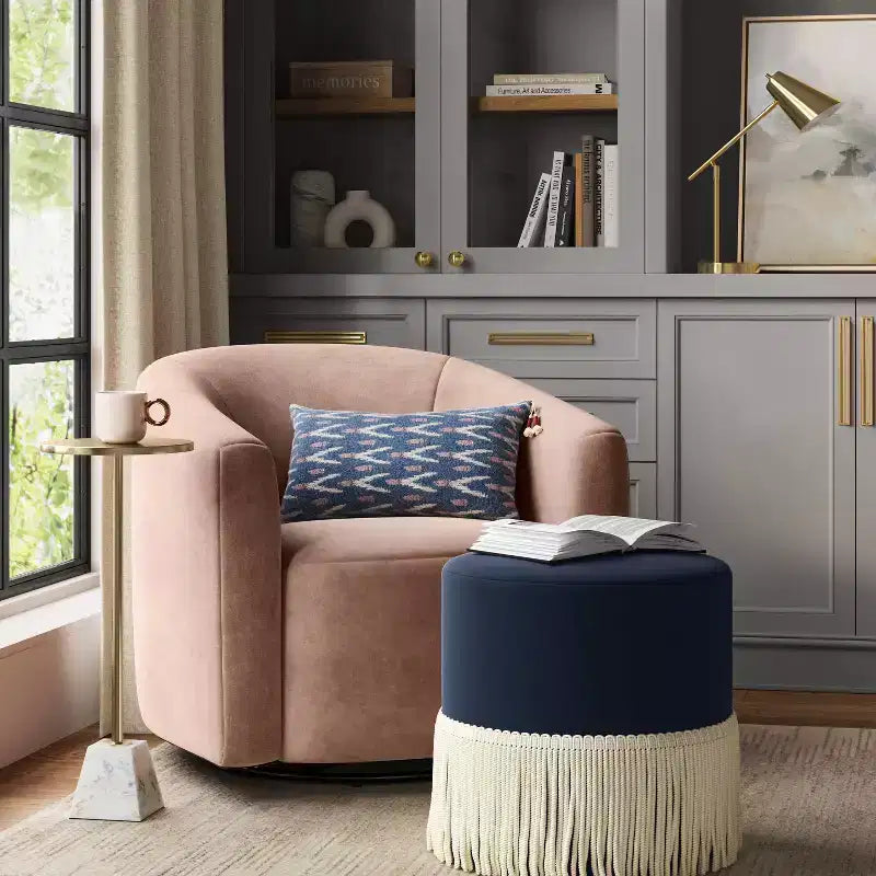 Fringe Drum Ottoman in Velvet
